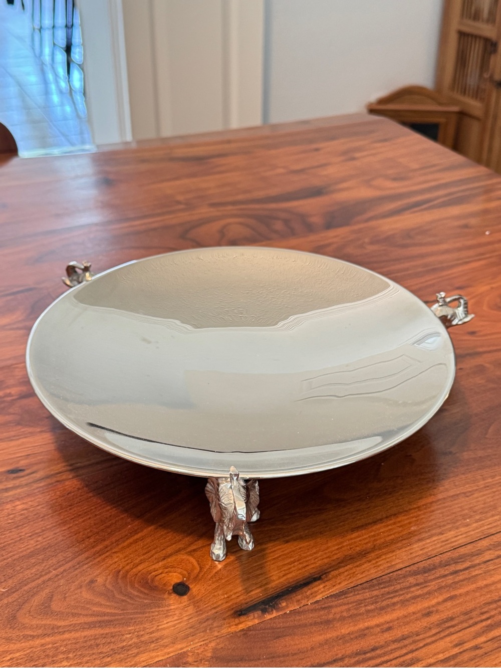 Silver Metal Round Decorative Tray with Elephants Feet 12.5"